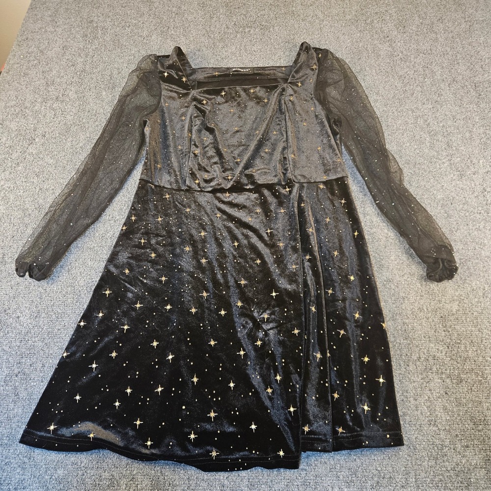 Allegra K Black Velvet Star-Print Mini Dress with Sheer Sleeves